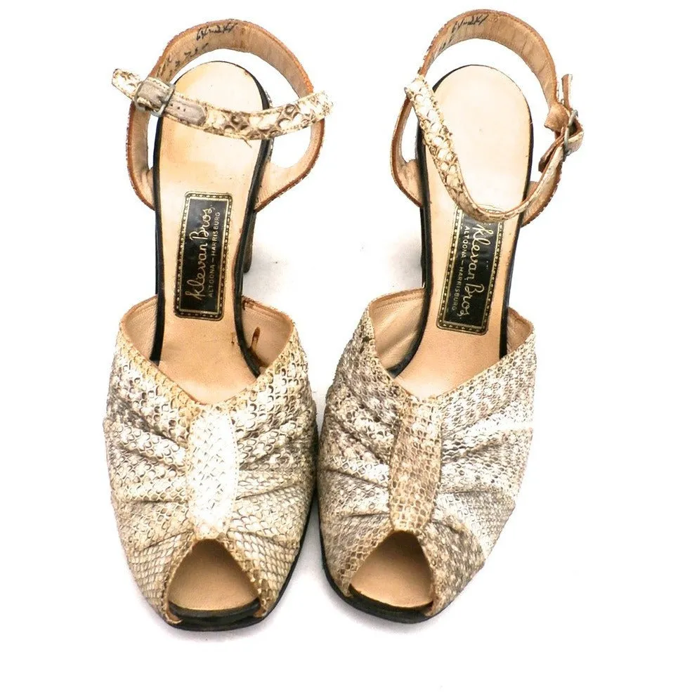 VTG Shoes High-Heel Peep Toe Sandals Klevan Bros Lizard Size Womens 6 M 1940S