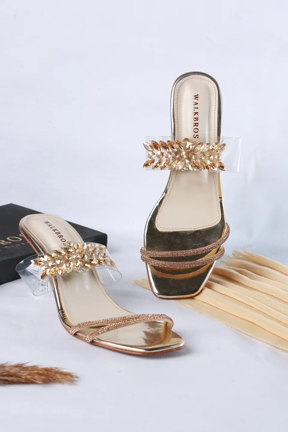 WALK BROS CRYSTAL FLOWER HEELS (Golden)