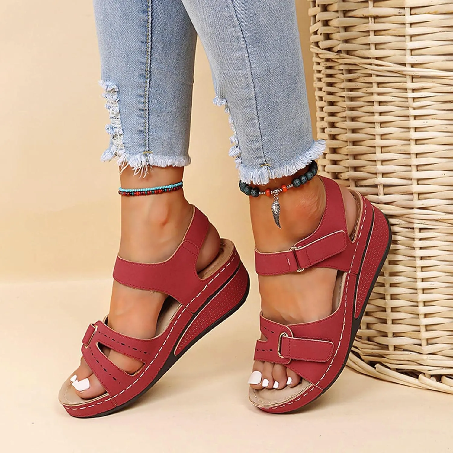 Walking Sandals Women Adjustable Cushioned Sandals Orthopedic Hook Loop Flats Summer Casual Travel Comfort Style