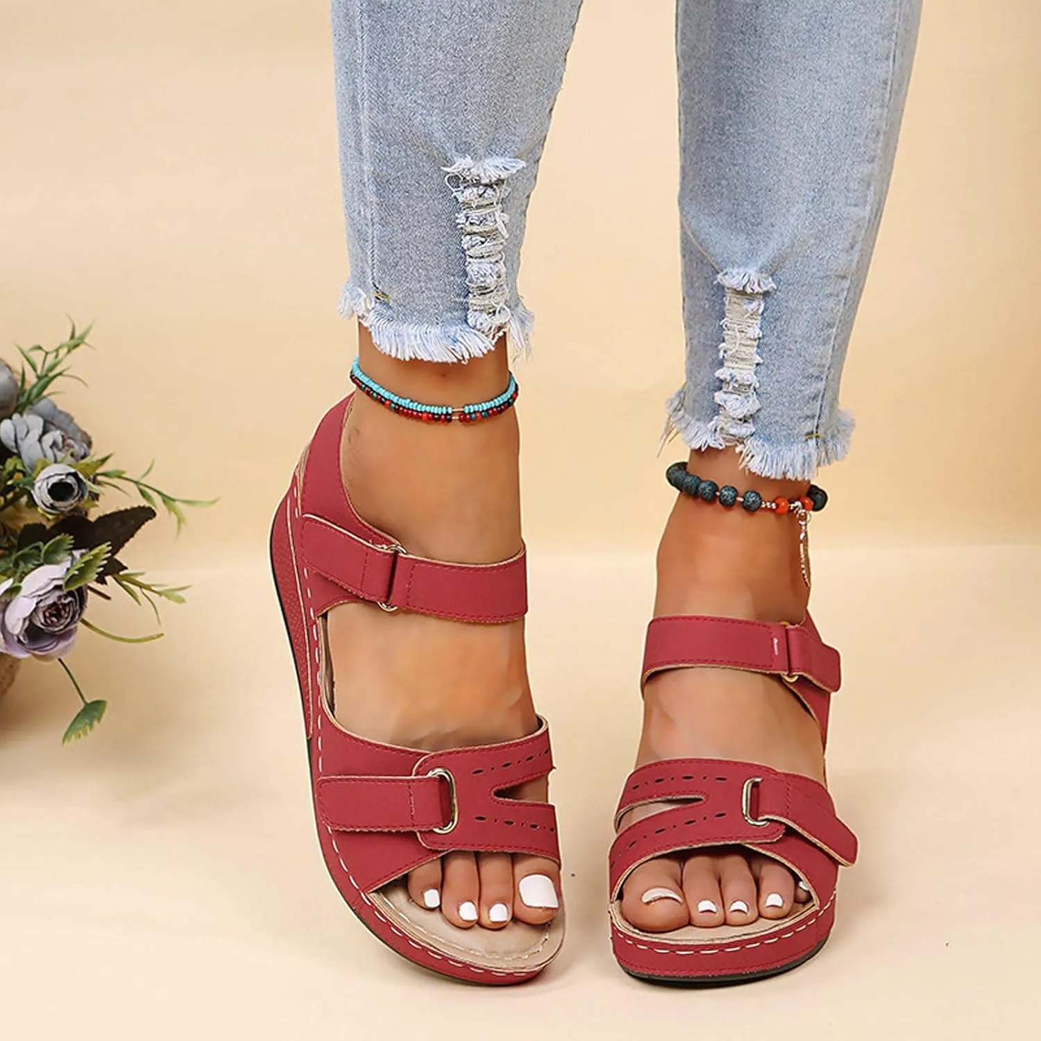 Walking Sandals Women Adjustable Cushioned Sandals Orthopedic Hook Loop Flats Summer Casual Travel Comfort Style