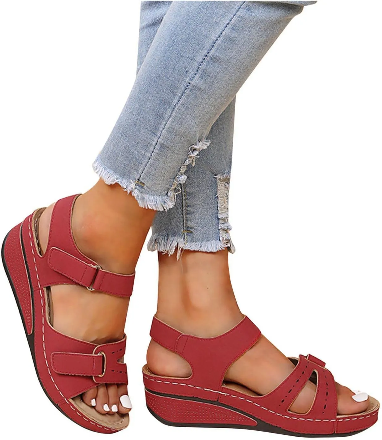Walking Sandals Women Adjustable Cushioned Sandals Orthopedic Hook Loop Flats Summer Casual Travel Comfort Style