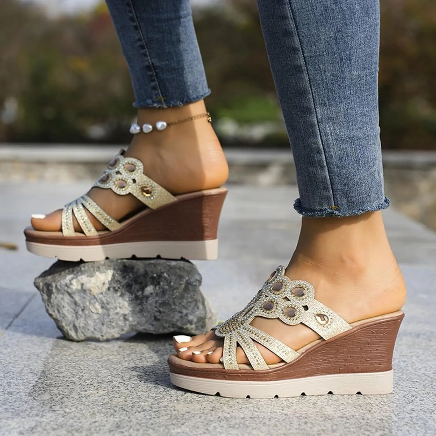 Wedge Sandals for Women 2024 Women's Fashion Wedge Sandals Crystal Strap Diamond Wedge High Heels