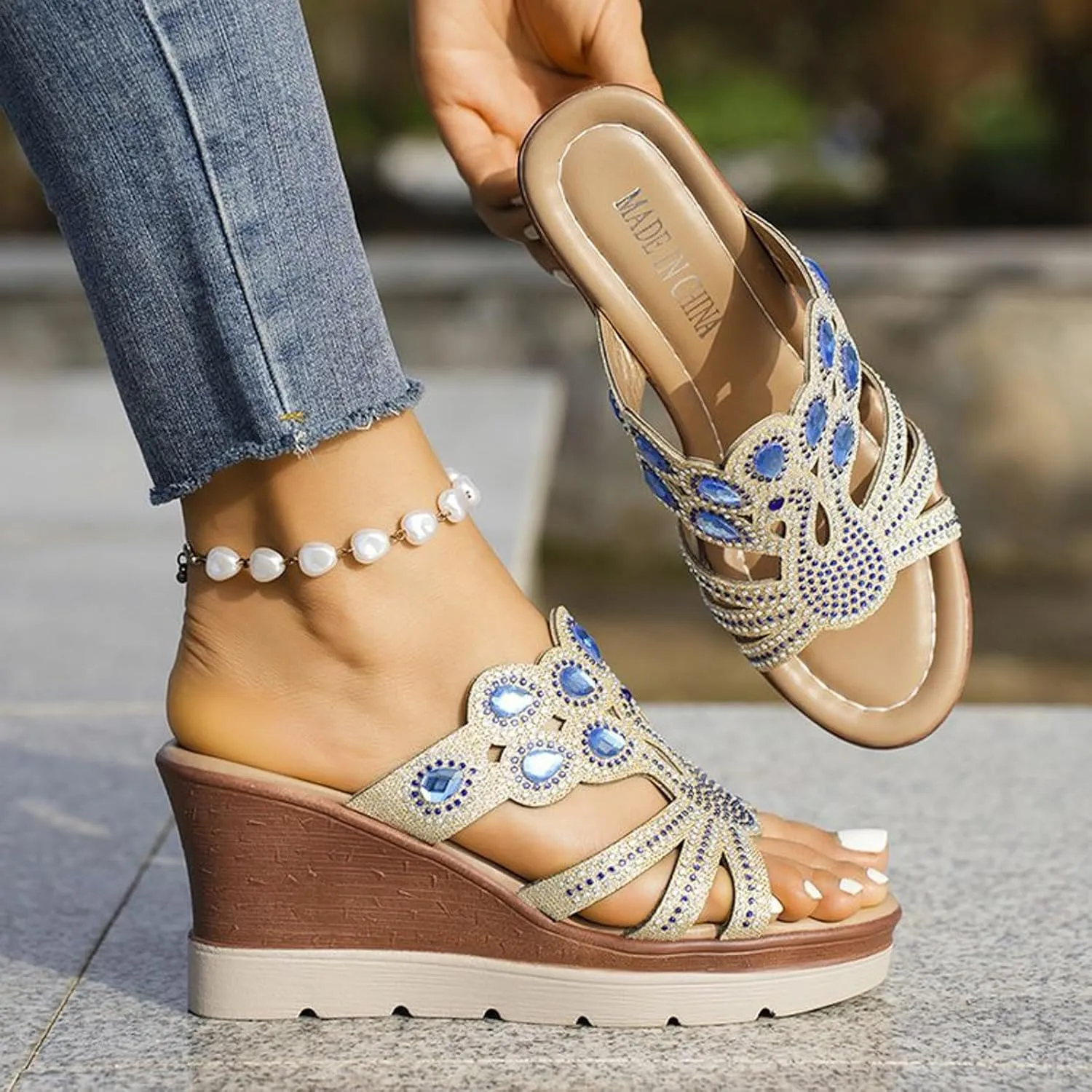 Wedge Sandals for Women 2024 Women's Fashion Wedge Sandals Crystal Strap Diamond Wedge High Heels
