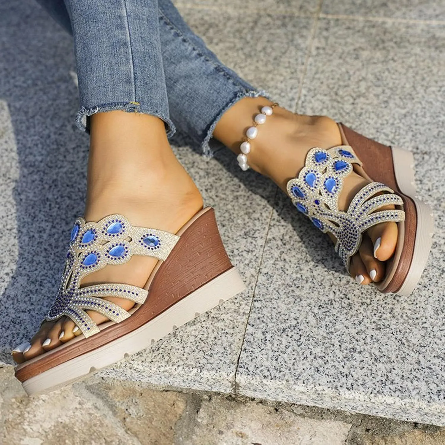 Wedge Sandals for Women 2024 Women's Fashion Wedge Sandals Crystal Strap Diamond Wedge High Heels