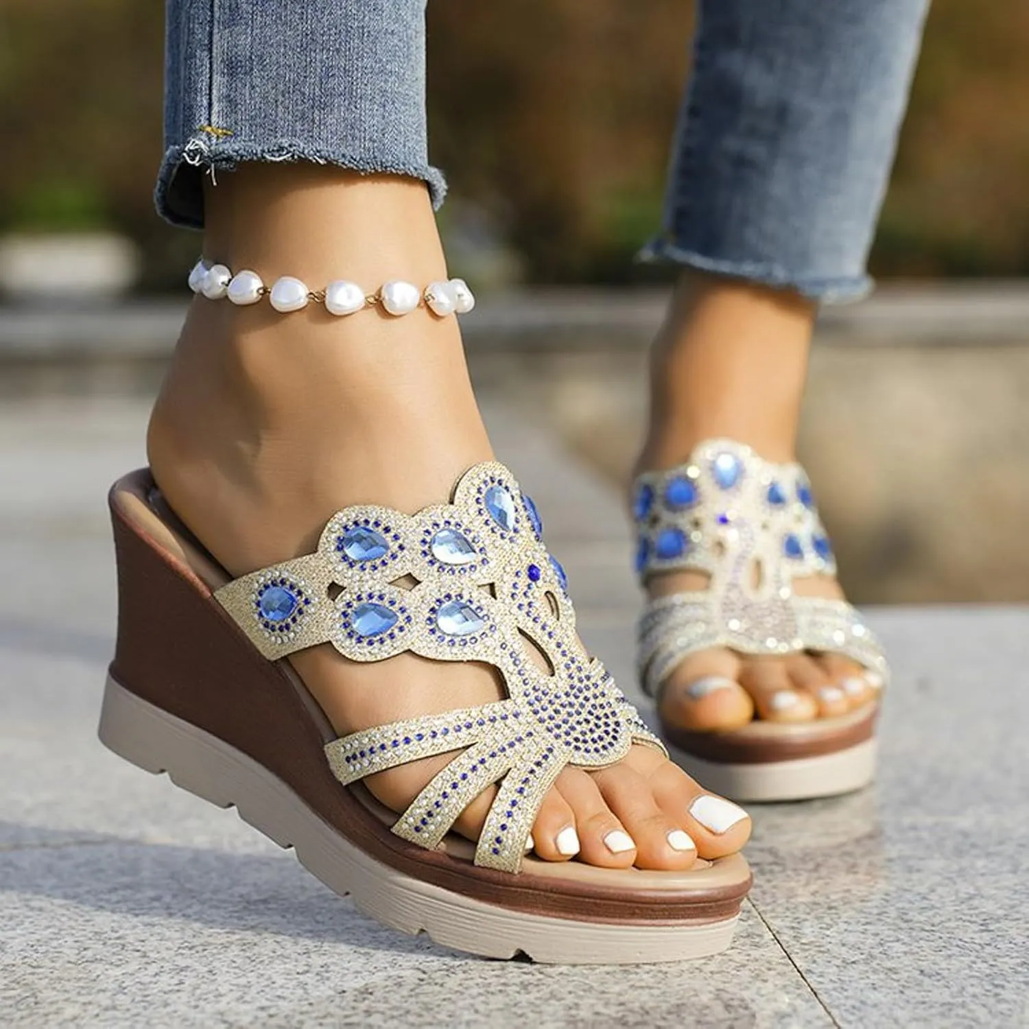 Wedge Sandals for Women 2024 Women's Fashion Wedge Sandals Crystal Strap Diamond Wedge High Heels