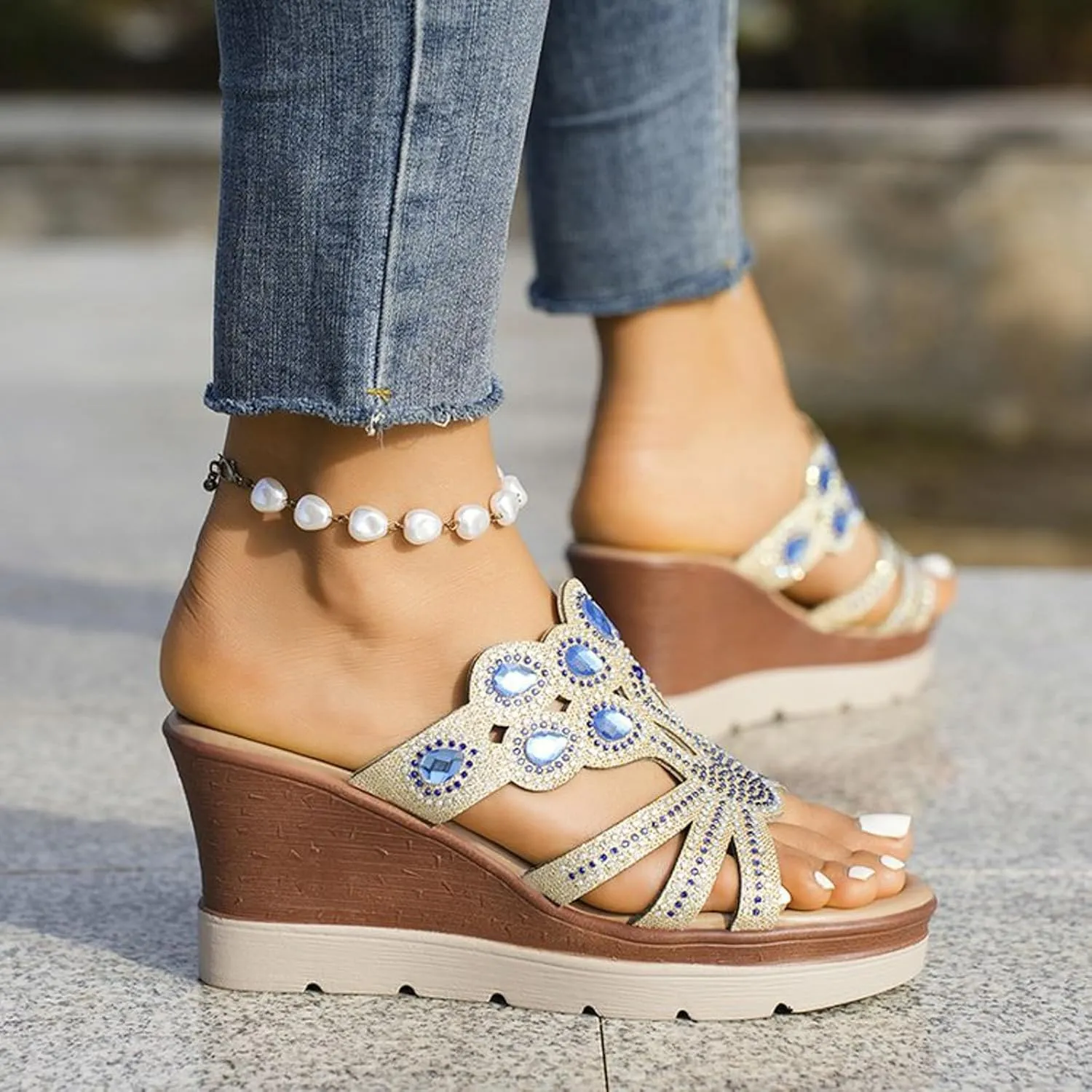 Wedge Sandals for Women 2024 Women's Fashion Wedge Sandals Crystal Strap Diamond Wedge High Heels