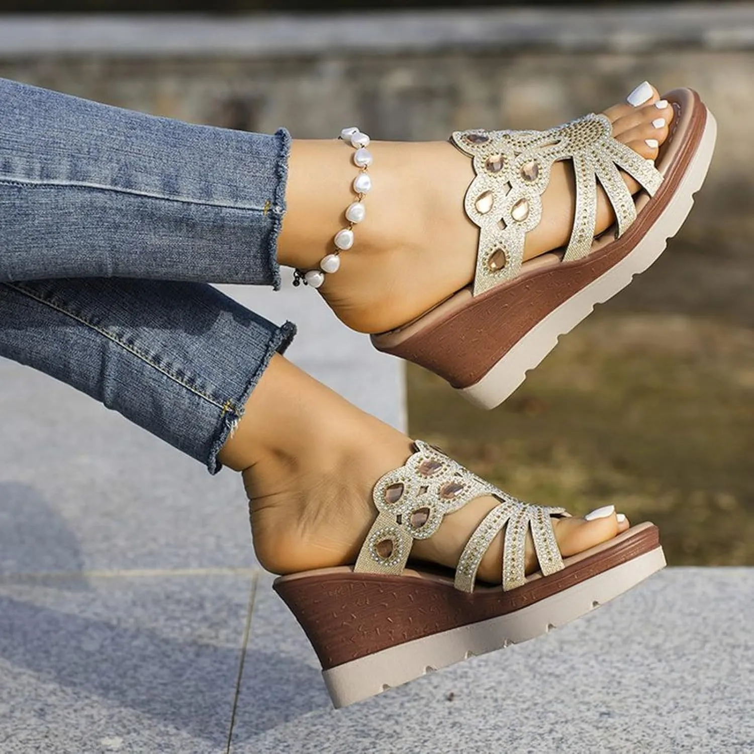 Wedge Sandals for Women 2024 Women's Fashion Wedge Sandals Crystal Strap Diamond Wedge High Heels