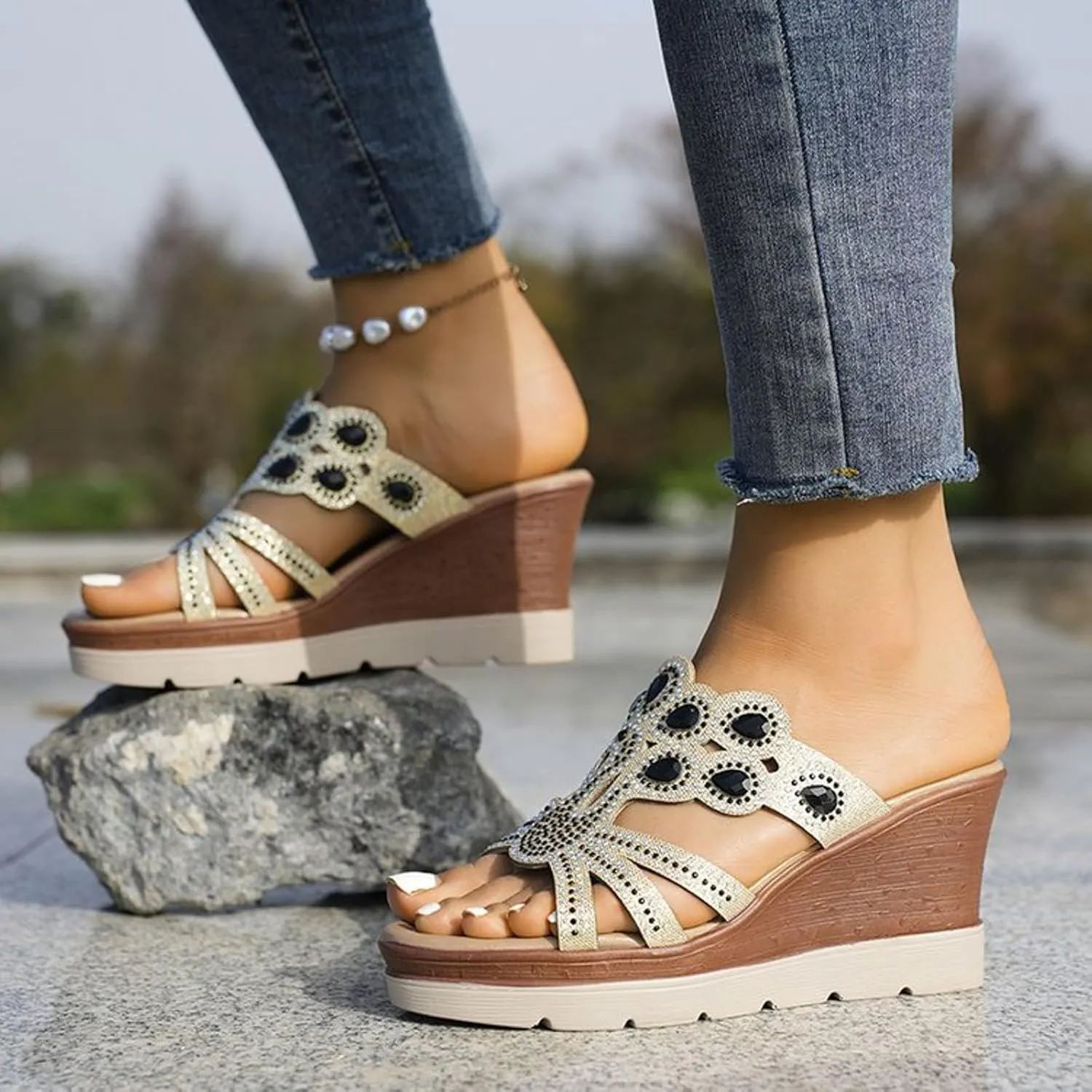 Wedge Sandals for Women 2024 Women's Fashion Wedge Sandals Crystal Strap Diamond Wedge High Heels