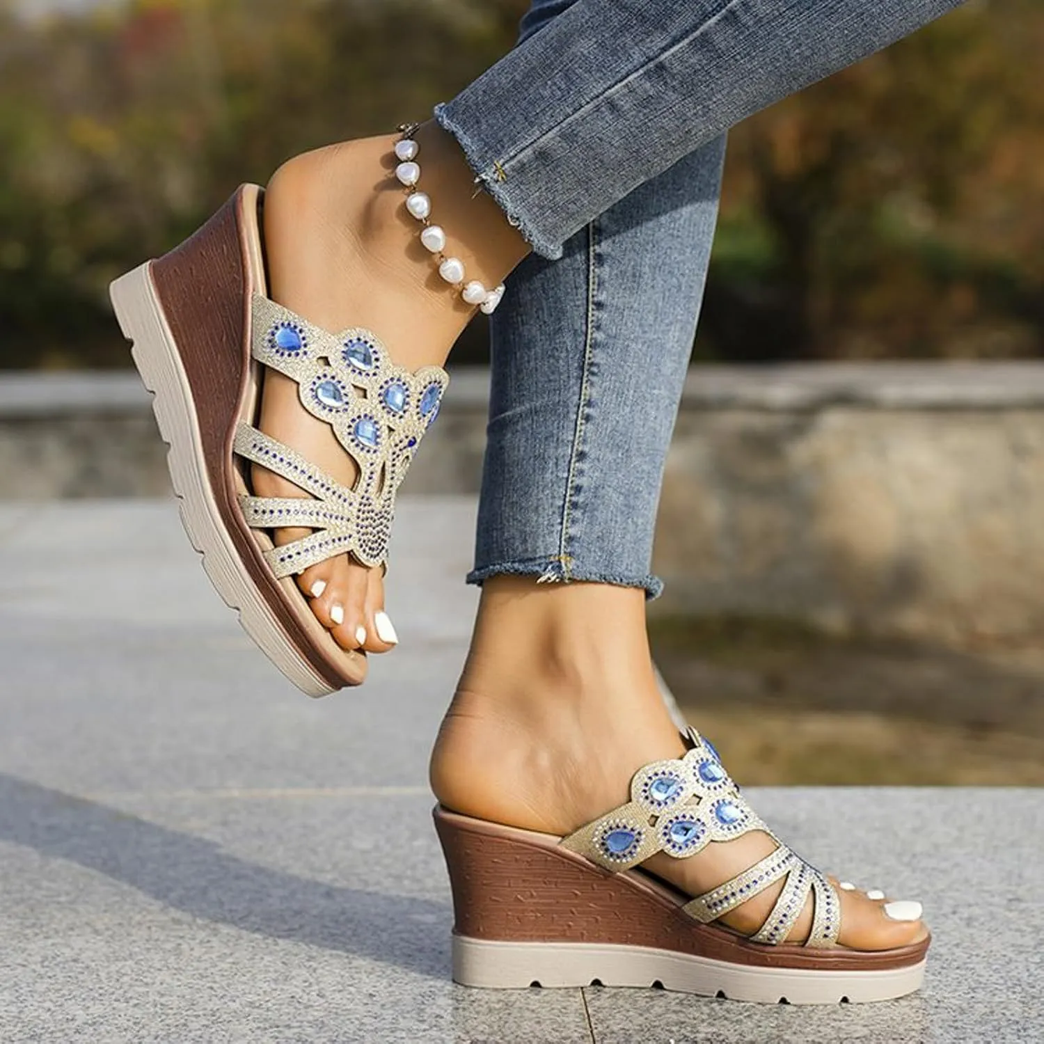 Wedge Sandals for Women 2024 Women's Fashion Wedge Sandals Crystal Strap Diamond Wedge High Heels