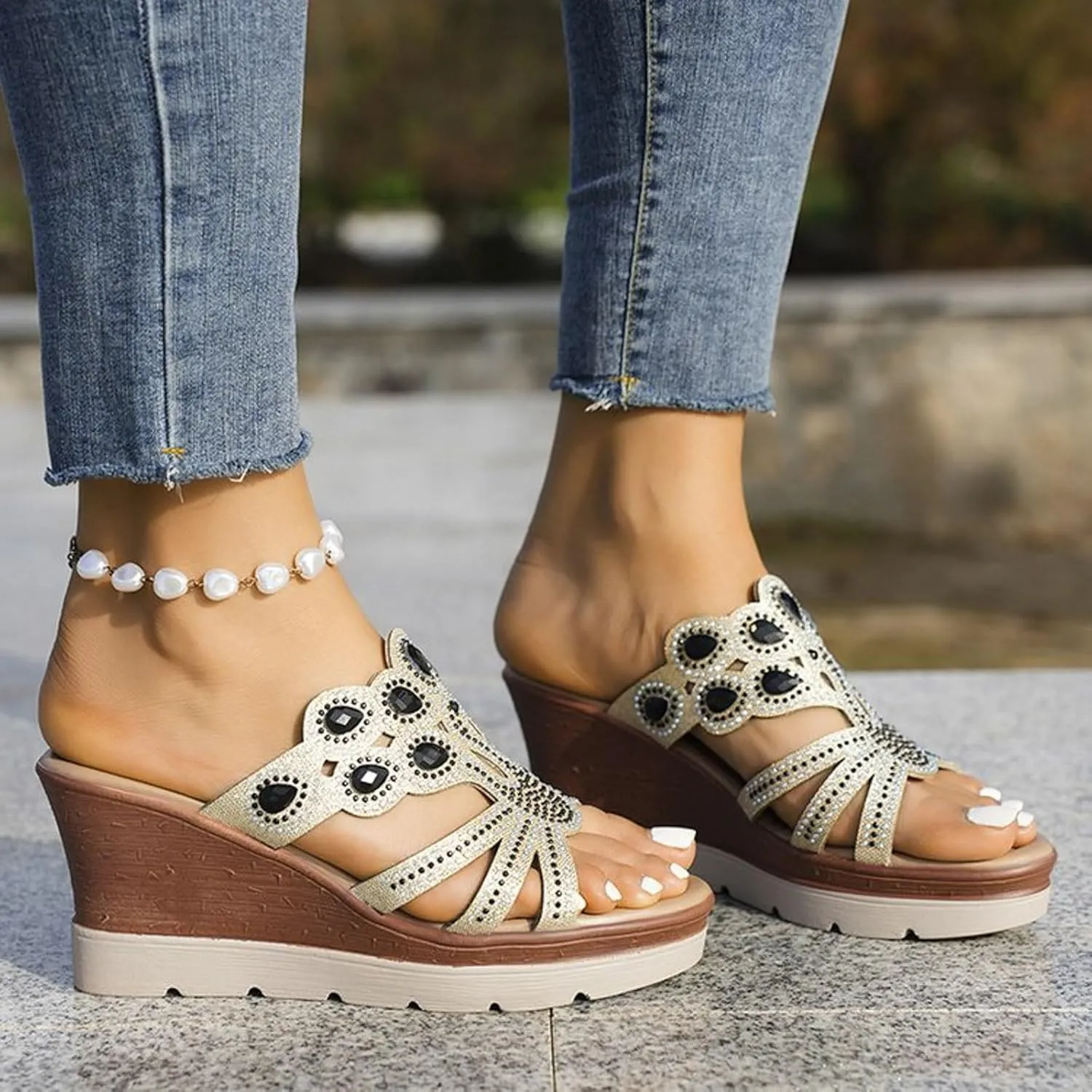Wedge Sandals for Women 2024 Women's Fashion Wedge Sandals Crystal Strap Diamond Wedge High Heels