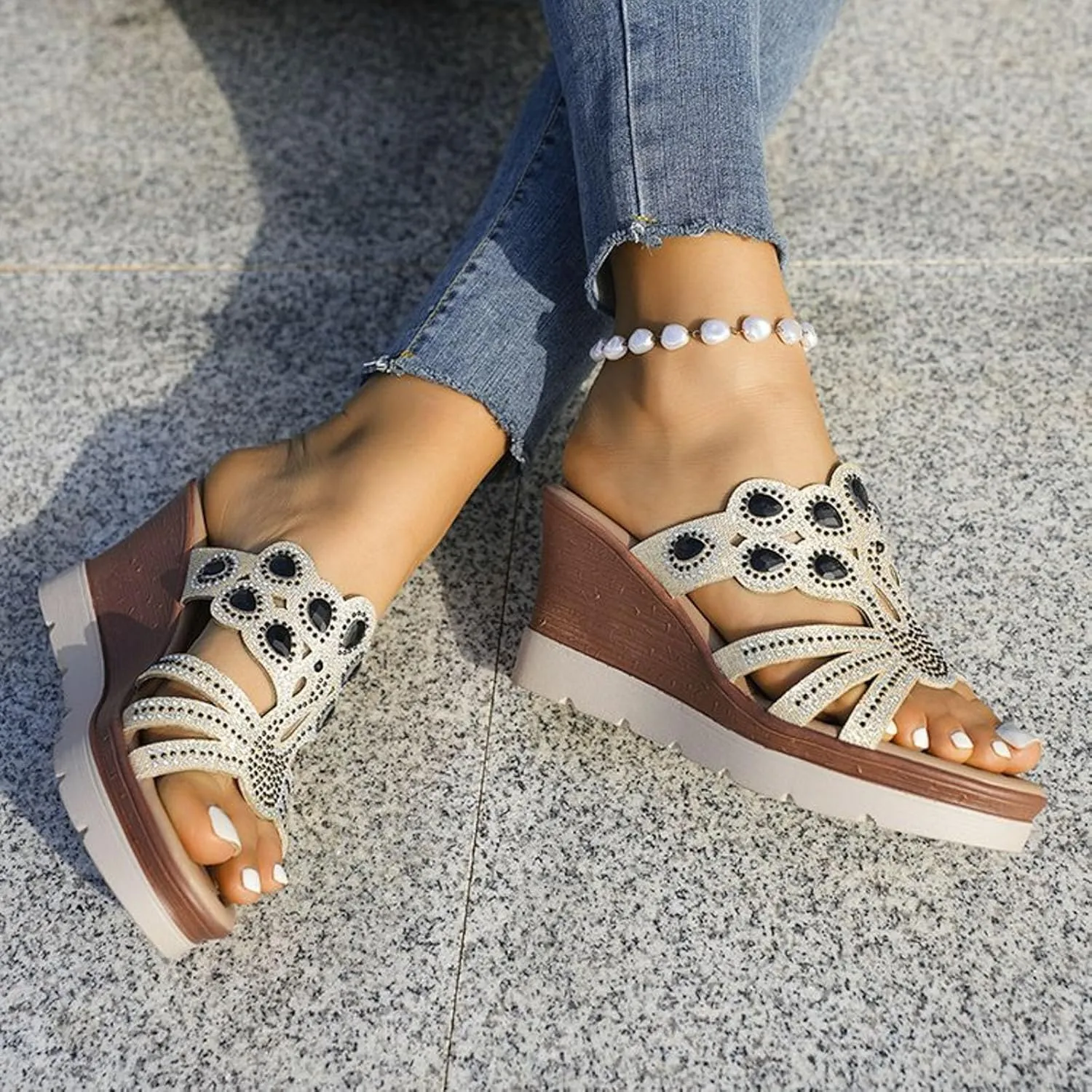 Wedge Sandals for Women 2024 Women's Fashion Wedge Sandals Crystal Strap Diamond Wedge High Heels