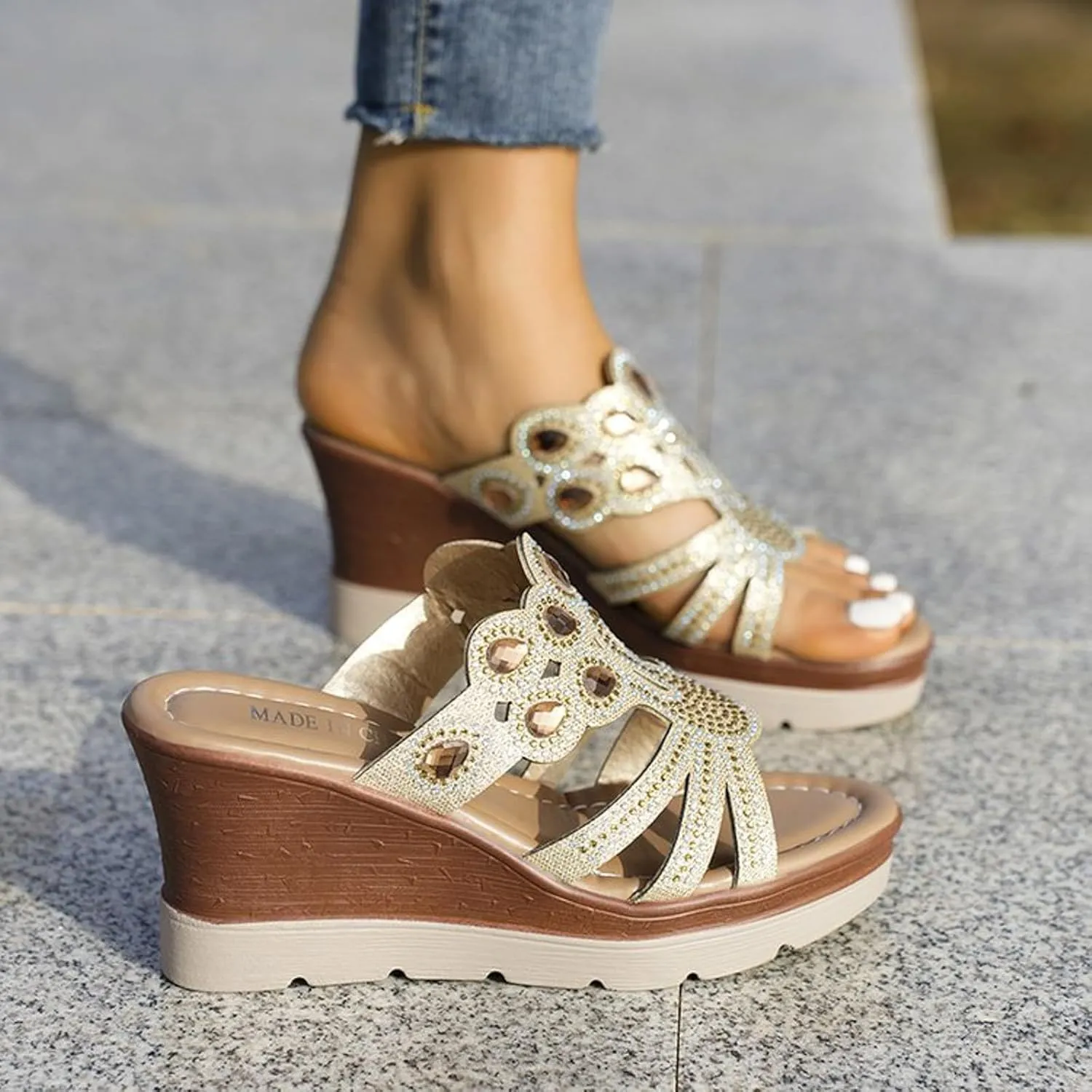 Wedge Sandals for Women 2024 Women's Fashion Wedge Sandals Crystal Strap Diamond Wedge High Heels