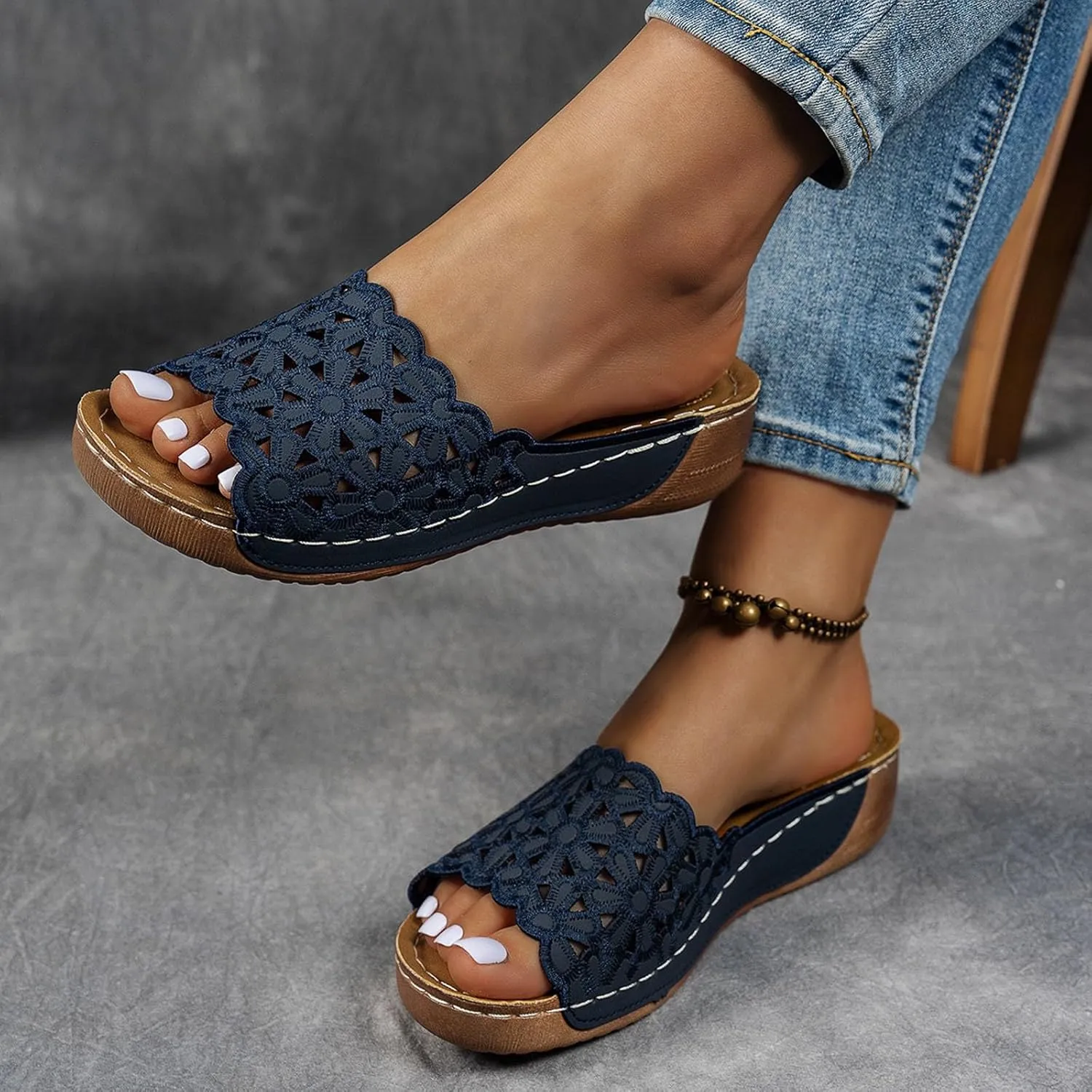 Wedge Sandals for Women Comfortable Open Toe Womens Wedge Sandals Casual Slip On Summer Beach Hollow Bohemian Slipper