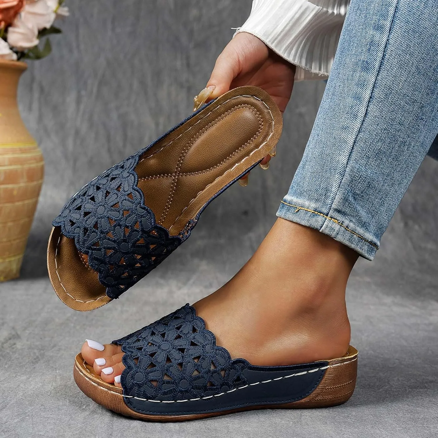 Wedge Sandals for Women Comfortable Open Toe Womens Wedge Sandals Casual Slip On Summer Beach Hollow Bohemian Slipper