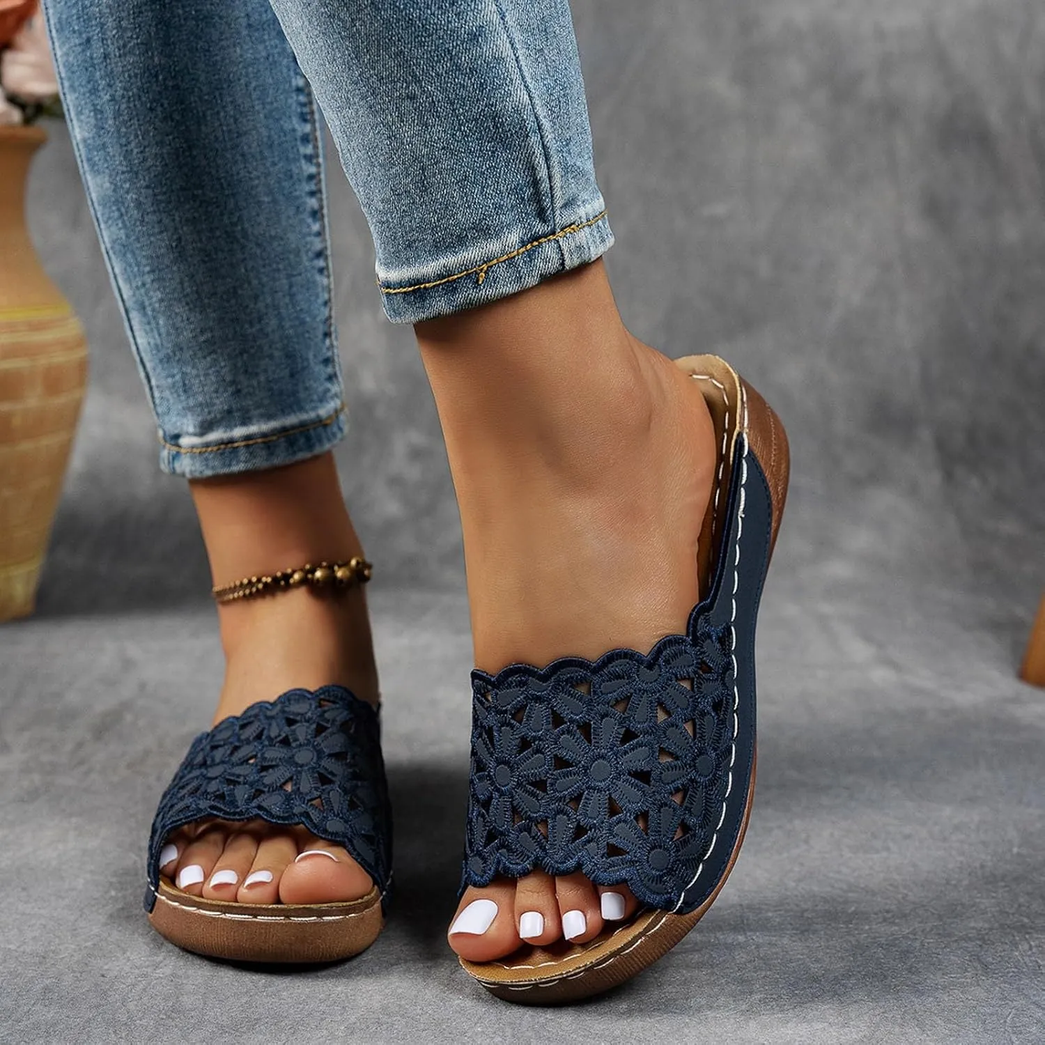 Wedge Sandals for Women Comfortable Open Toe Womens Wedge Sandals Casual Slip On Summer Beach Hollow Bohemian Slipper