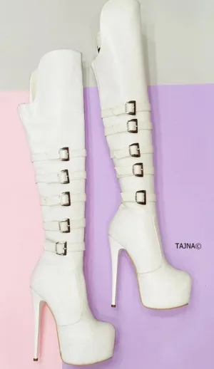 White Belted Platform Knee High Boots