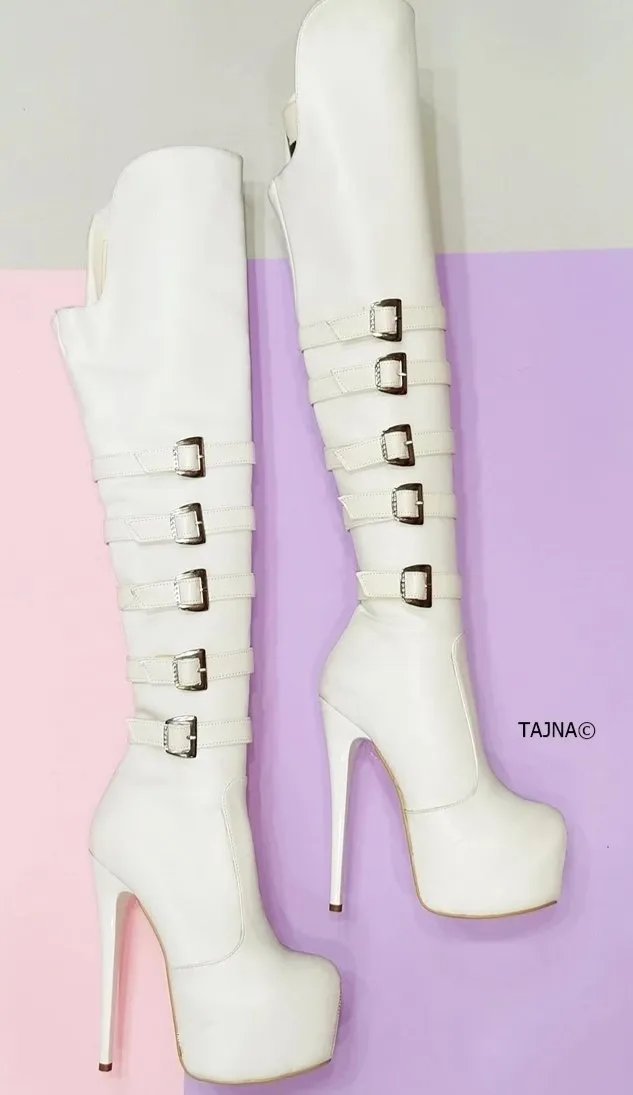 White Belted Platform Knee High Boots