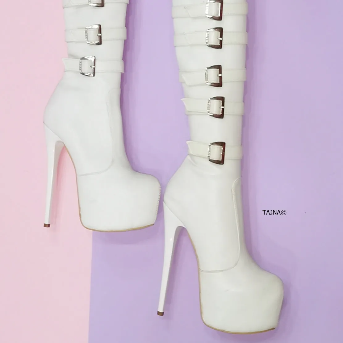 White Belted Platform Knee High Boots