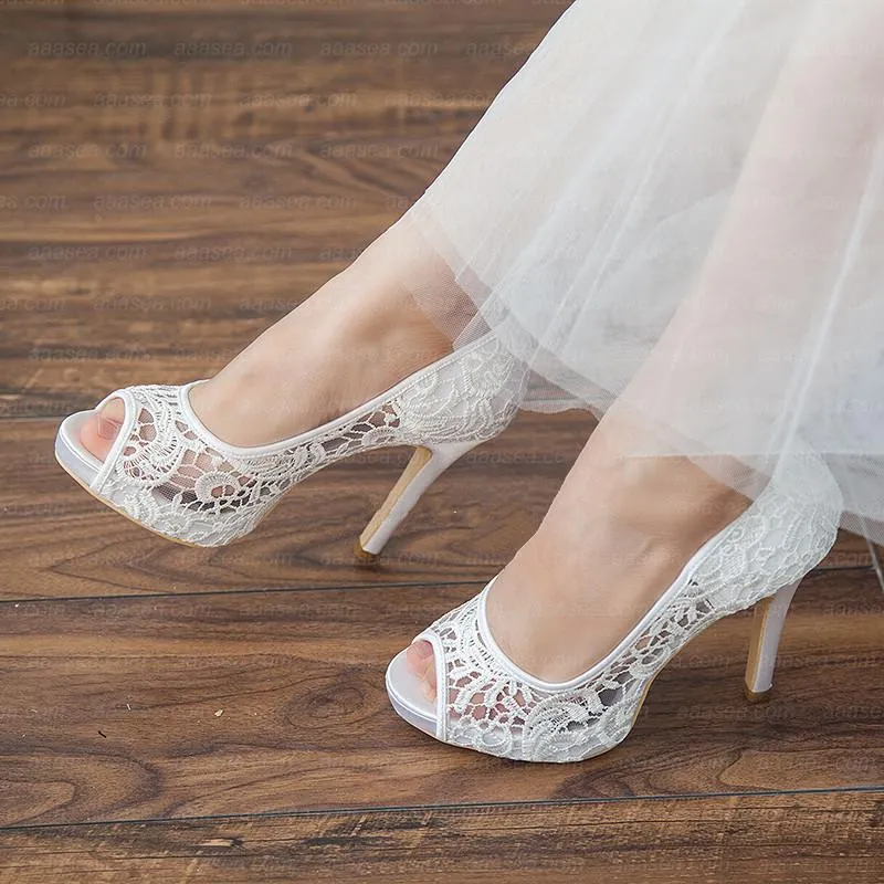 White lace peep toe wedding stiletto heels comfy walking