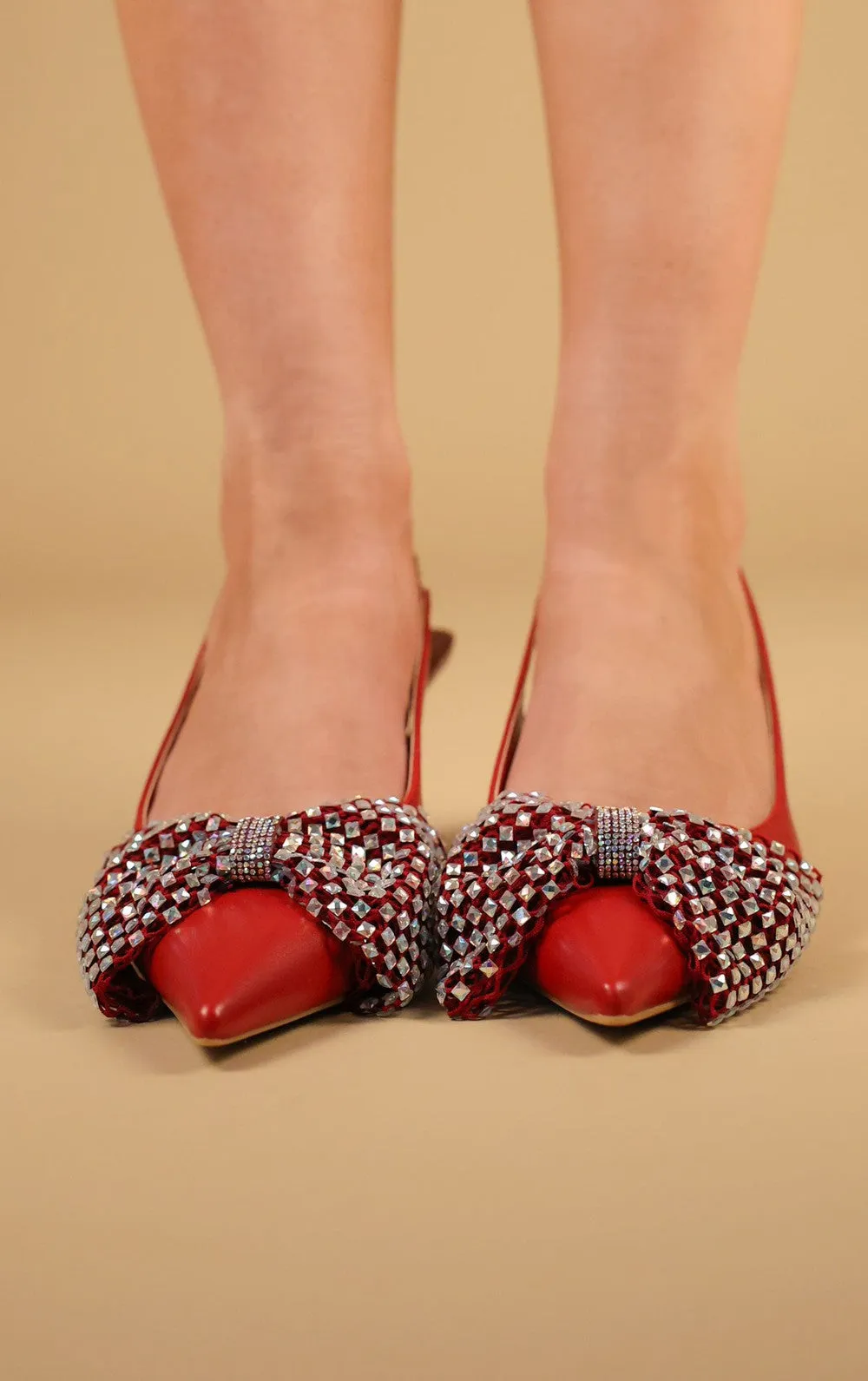 Wine Diamante Bow Design Slingback Kitten Heel Court Shoe