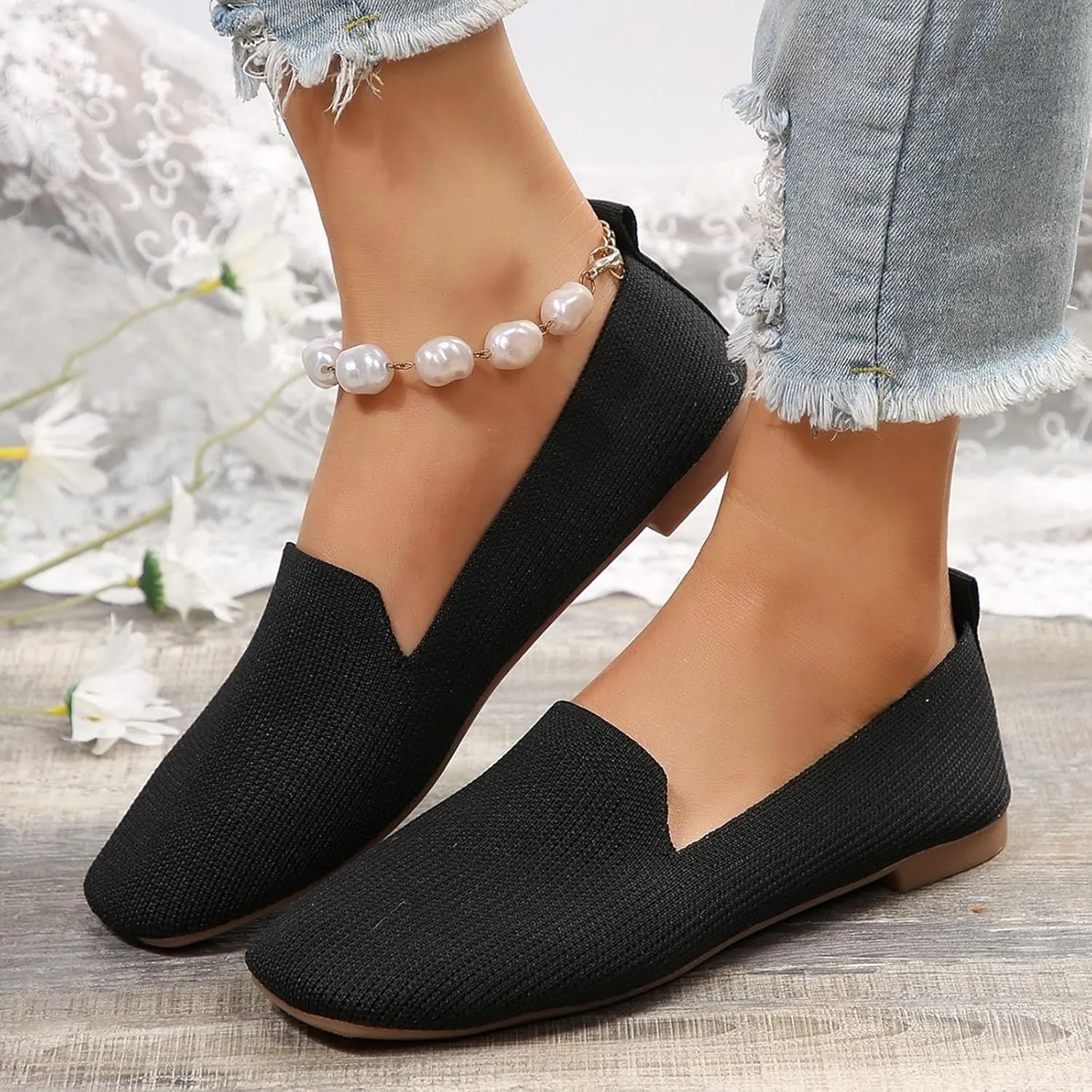 Women Casual Shoes Fashion Simple Solid Color Simple Square Toe Mesh Breathable and Comfortable Flat Slip High Heel