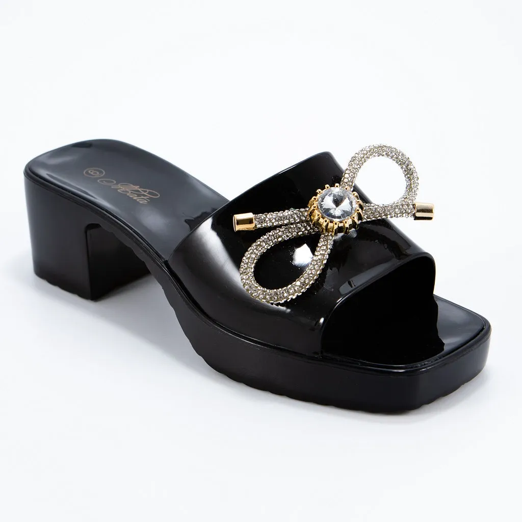 Women Glitter Bow Tie Block Heel Jelly Sandals