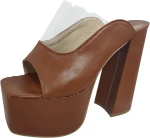 Women Platform Sandal Block Chunky Heels Open Round Toe Pumps Leather Slip On Slides Dress Part Wedding Shoes