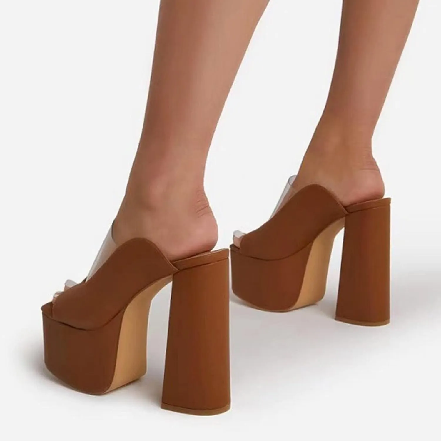 Women Platform Sandal Block Chunky Heels Open Round Toe Pumps Leather Slip On Slides Dress Part Wedding Shoes