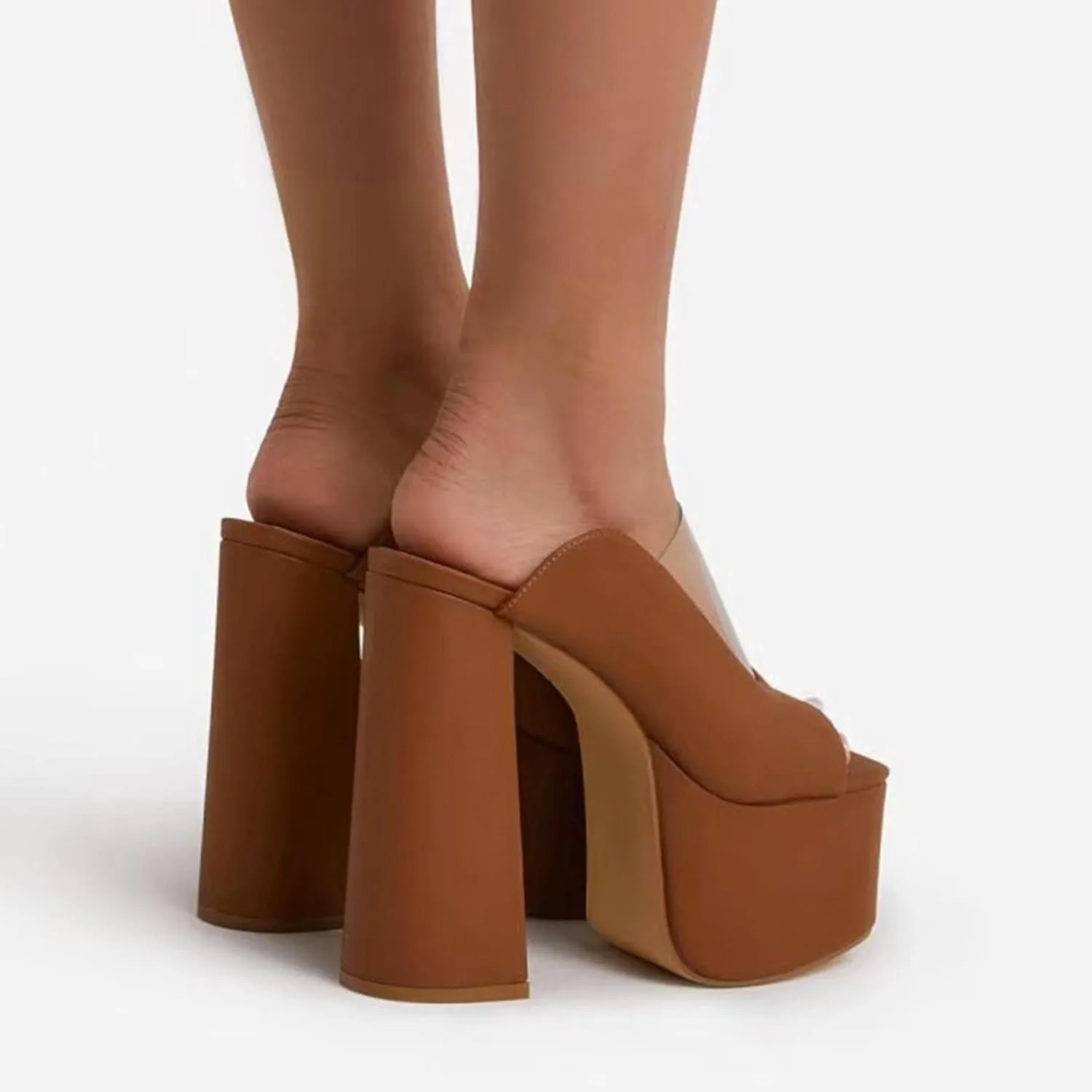 Women Platform Sandal Block Chunky Heels Open Round Toe Pumps Leather Slip On Slides Dress Part Wedding Shoes