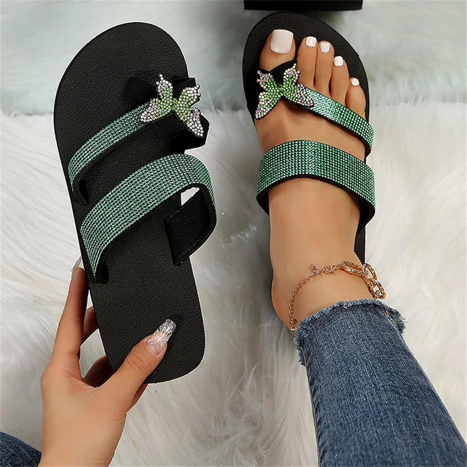 Women Rhinestone Butterfly Slippers Flat Mules Bottom Slope Heel Sandals Anti-Slip Clip Toe Summer Casual Flip Flops