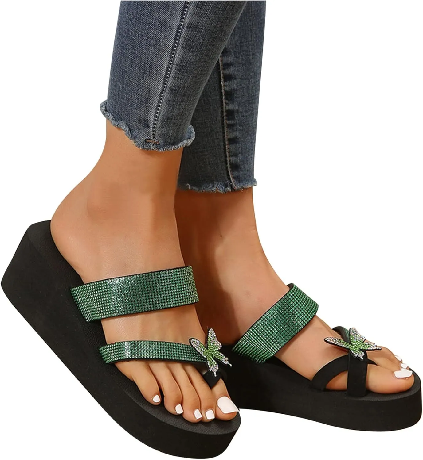 Women Rhinestone Butterfly Slippers Flat Mules Bottom Slope Heel Sandals Anti-Slip Clip Toe Summer Casual Flip Flops
