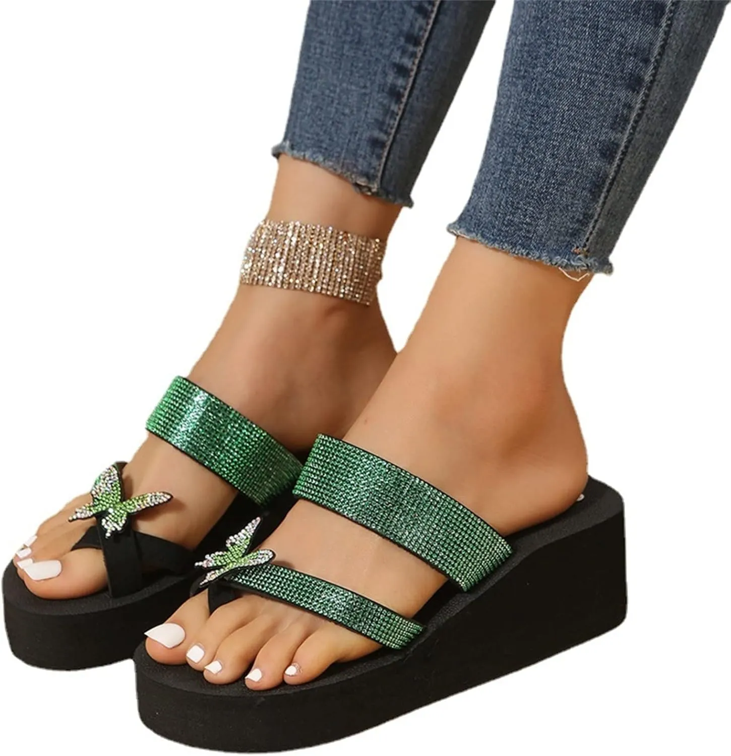 Women Rhinestone Butterfly Slippers Flat Mules Bottom Slope Heel Sandals Anti-Slip Clip Toe Summer Casual Flip Flops