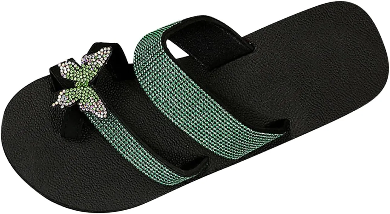 Women Rhinestone Butterfly Slippers Flat Mules Bottom Slope Heel Sandals Anti-Slip Clip Toe Summer Casual Flip Flops
