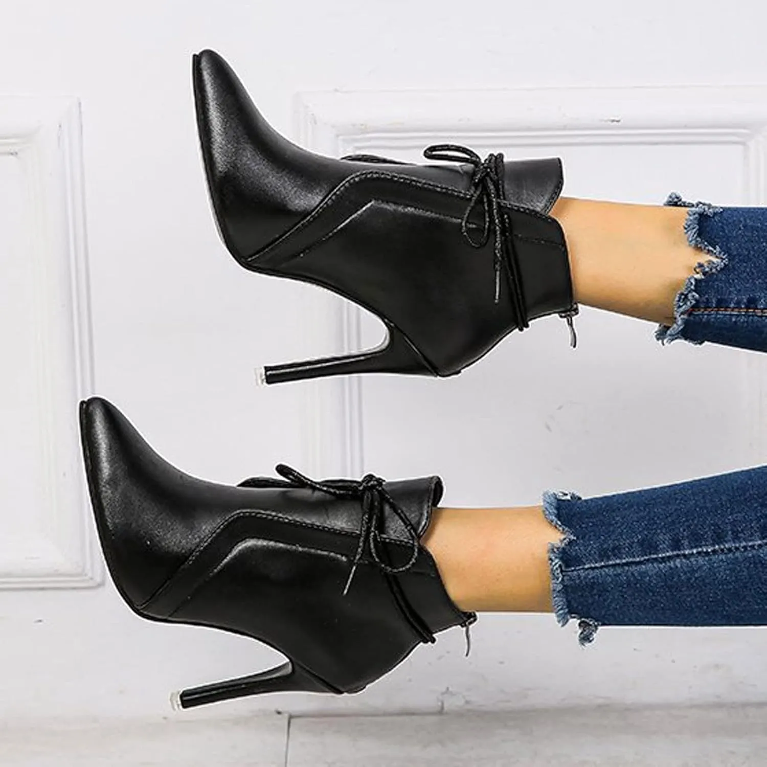 Women Stiletto Heels Ankle Boots 2022 Fall Fashion Pointed Toe Lace Up Back Zipper Thin High Heel Booties Solid Casual Comfy Ladies Leather Shoes