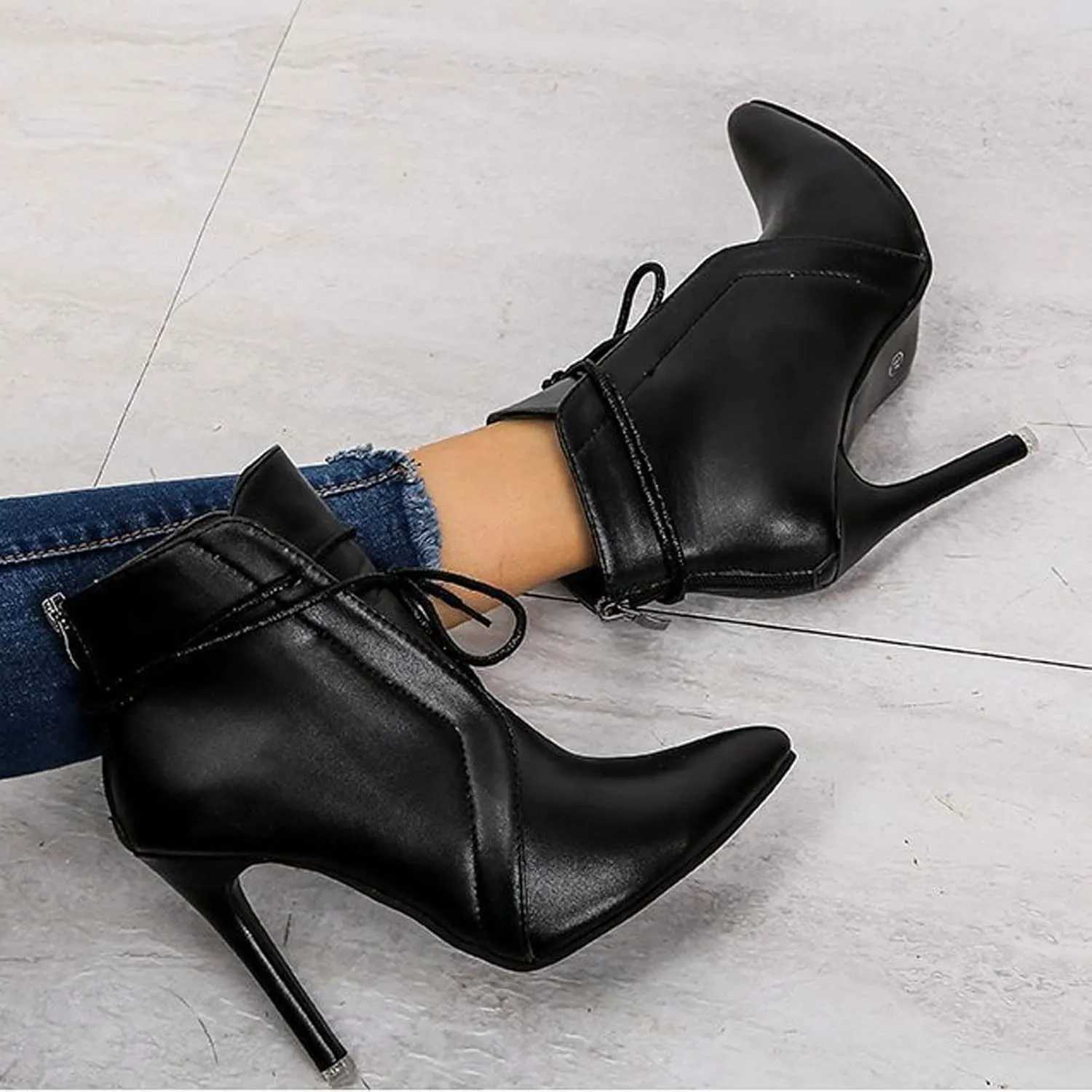 Women Stiletto Heels Ankle Boots 2022 Fall Fashion Pointed Toe Lace Up Back Zipper Thin High Heel Booties Solid Casual Comfy Ladies Leather Shoes
