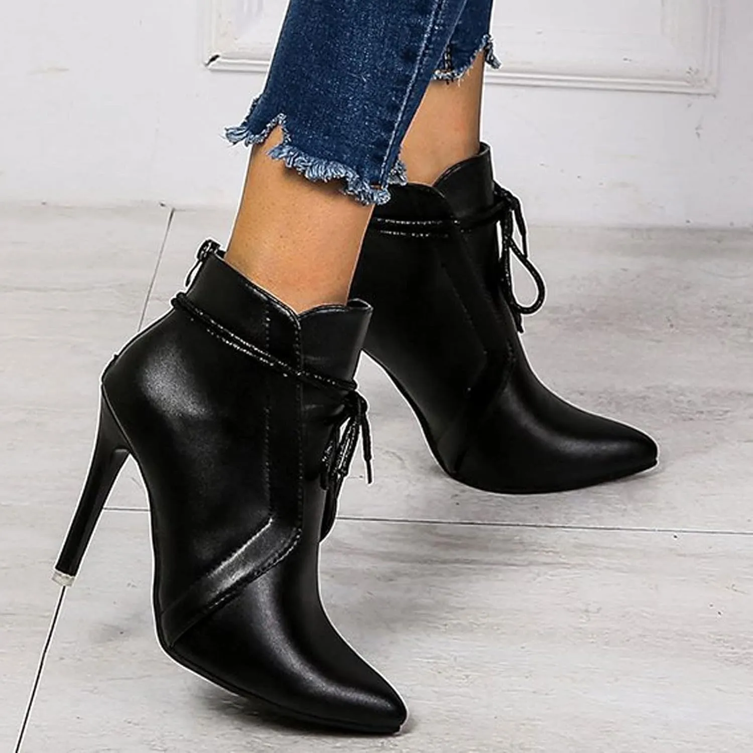 Women Stiletto Heels Ankle Boots 2022 Fall Fashion Pointed Toe Lace Up Back Zipper Thin High Heel Booties Solid Casual Comfy Ladies Leather Shoes