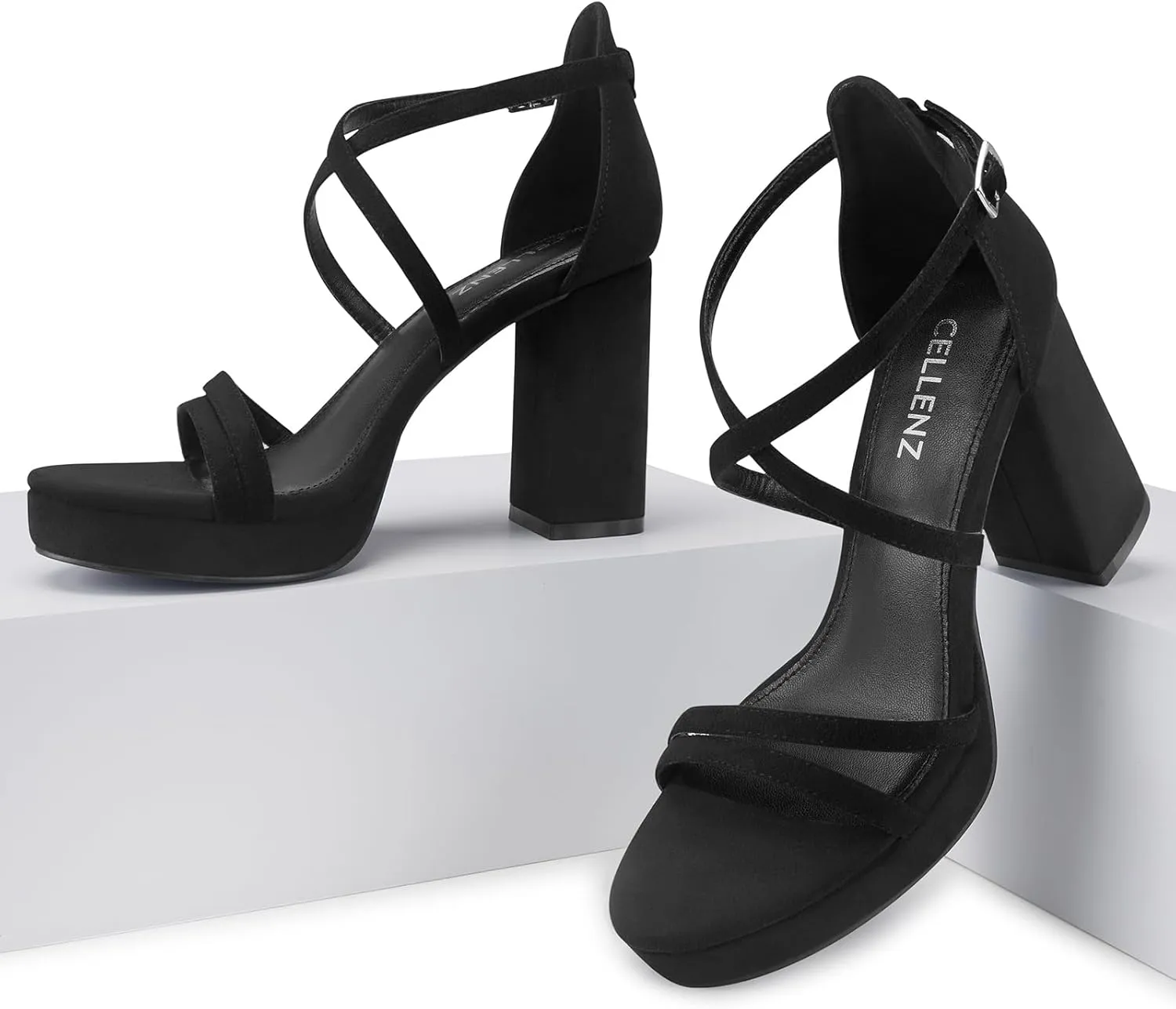 Women Strappy Platform Heels: 3.4 Inch Chunky Heeled Sandals, Comfortable Sexy Block High Heels, for Prom Party Bridal Wedding Black White Silver Nude Dressy Shoes