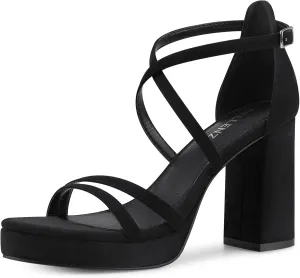 Women Strappy Platform Heels: 3.4 Inch Chunky Heeled Sandals, Comfortable Sexy Block High Heels, for Prom Party Bridal Wedding Black White Silver Nude Dressy Shoes