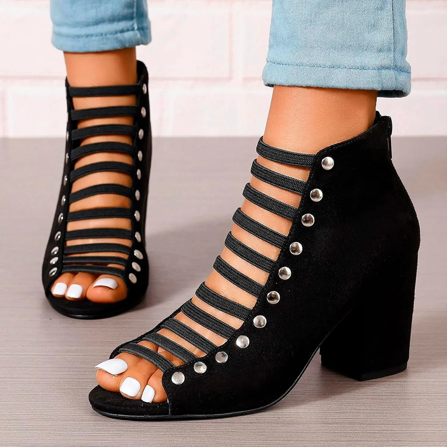 Women Toe Suede Sandals Back Zipper Cutout Chunky High Heel Sandals Ankle Strap Dressy Tied up High Heels