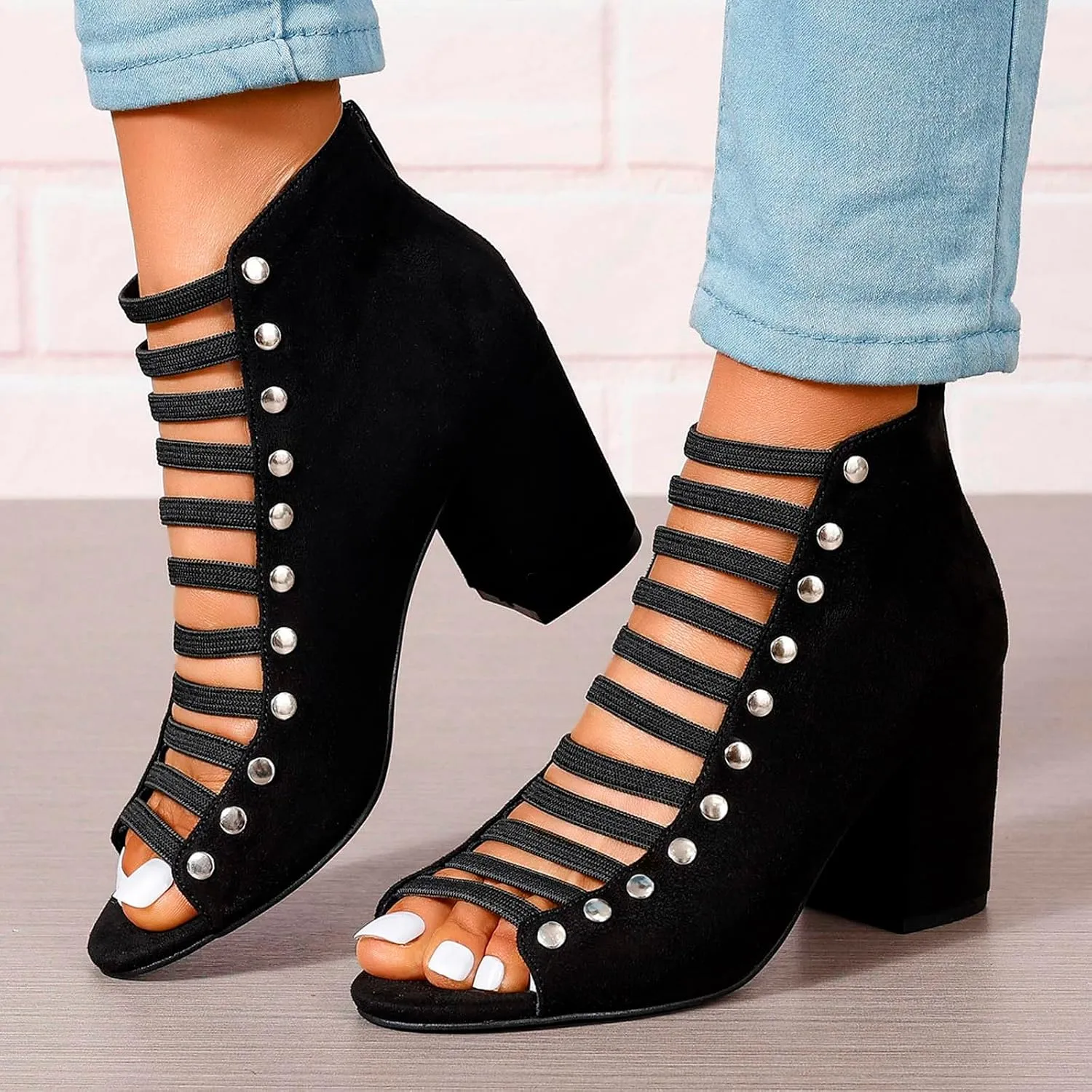 Women Toe Suede Sandals Back Zipper Cutout Chunky High Heel Sandals Ankle Strap Dressy Tied up High Heels