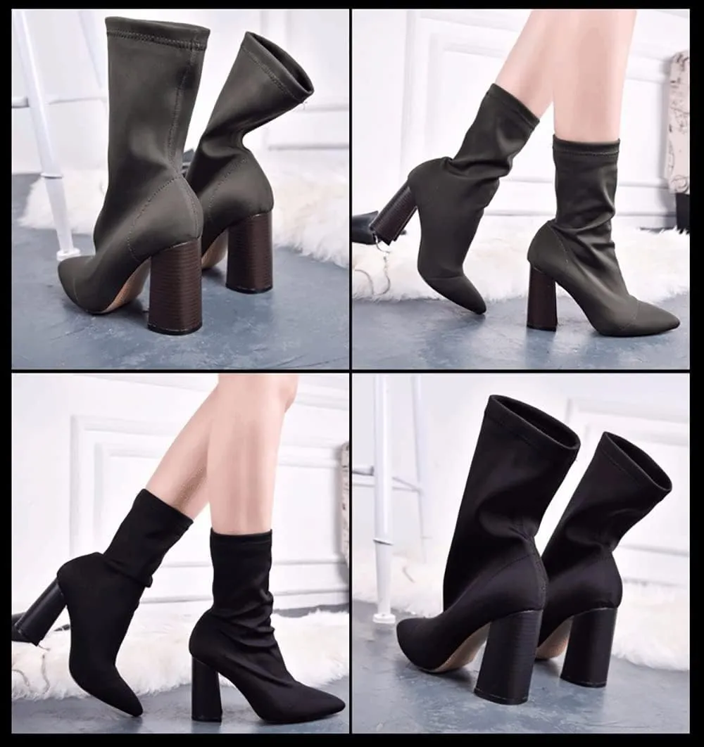 Women's Ankle Boots Pointed Toe Elastic High Heels Shoes Female Socks Boots Sexy High Heels for Women, Pointed Toe Sock Ankle Booties