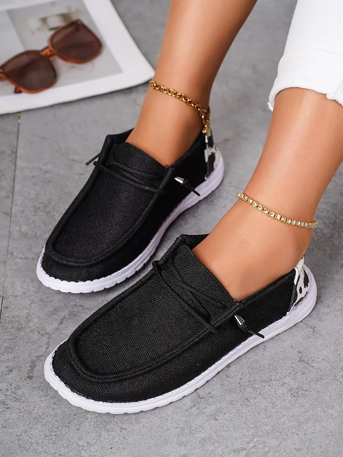 Women's Black Canvas Cow Pattern Lace-up Loafers Walking Shoes Round Toe Lightweight Slip-on Sneakers Comfortable Casual Outdoor Footwear for Summer&Autumn Vacation Sports Drive