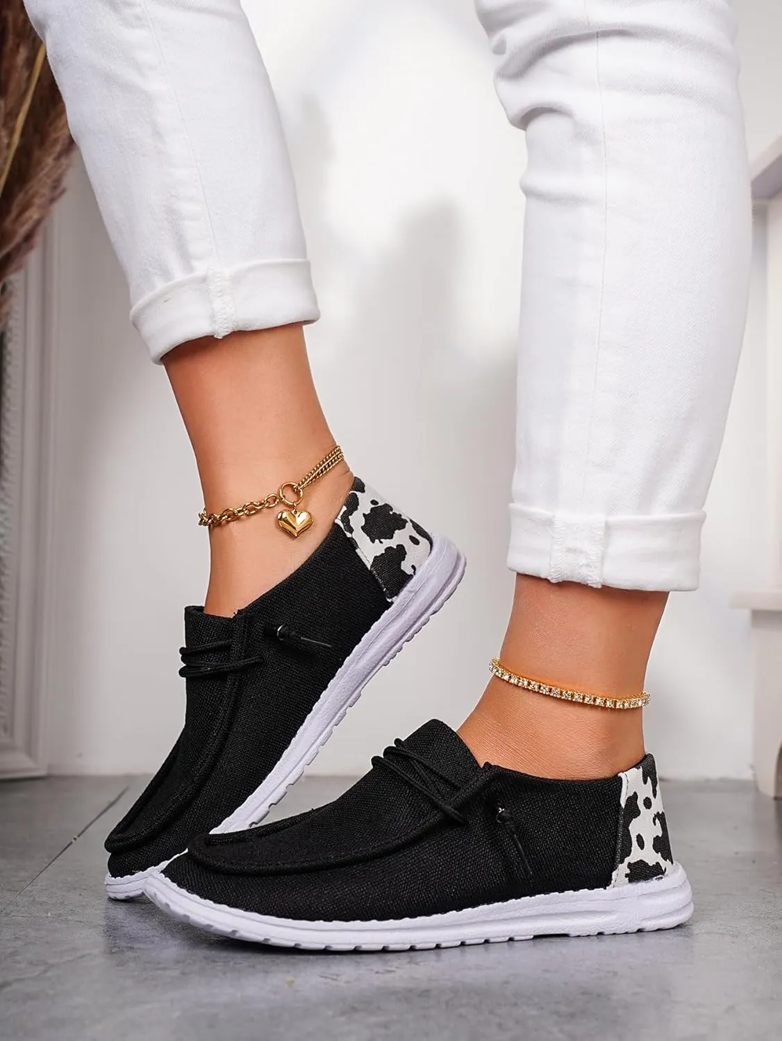 Women's Black Canvas Cow Pattern Lace-up Loafers Walking Shoes Round Toe Lightweight Slip-on Sneakers Comfortable Casual Outdoor Footwear for Summer&Autumn Vacation Sports Drive