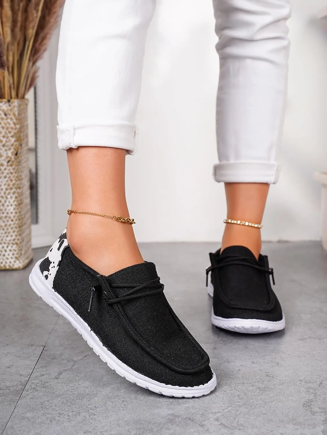 Women's Black Canvas Cow Pattern Lace-up Loafers Walking Shoes Round Toe Lightweight Slip-on Sneakers Comfortable Casual Outdoor Footwear for Summer&Autumn Vacation Sports Drive