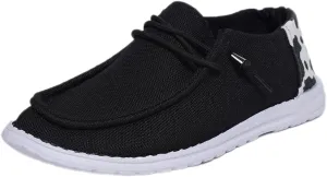 Women's Black Canvas Cow Pattern Lace-up Loafers Walking Shoes Round Toe Lightweight Slip-on Sneakers Comfortable Casual Outdoor Footwear for Summer&Autumn Vacation Sports Drive