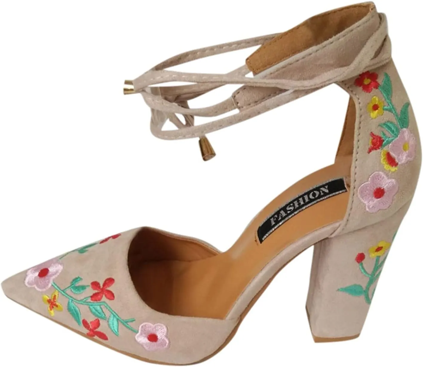 Women's Block High Heel Pumps Dress Sandal Close Pointed Toe Embroidered Ankle Strap Flowers Part Wedding Shoes