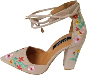 Women's Block High Heel Pumps Dress Sandal Close Pointed Toe Embroidered Ankle Strap Flowers Part Wedding Shoes