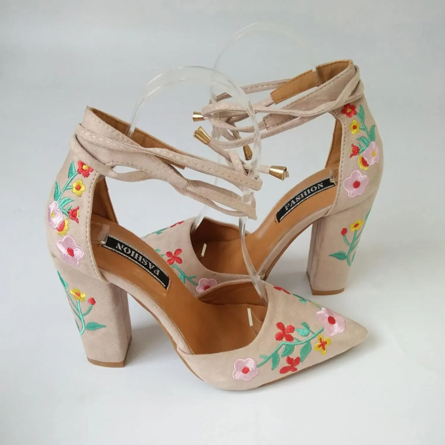 Women's Block High Heel Pumps Dress Sandal Close Pointed Toe Embroidered Ankle Strap Flowers Part Wedding Shoes