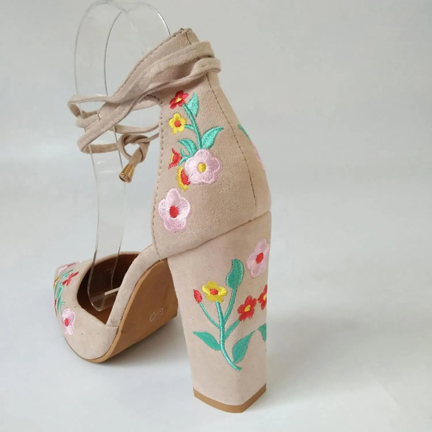 Women's Block High Heel Pumps Dress Sandal Close Pointed Toe Embroidered Ankle Strap Flowers Part Wedding Shoes