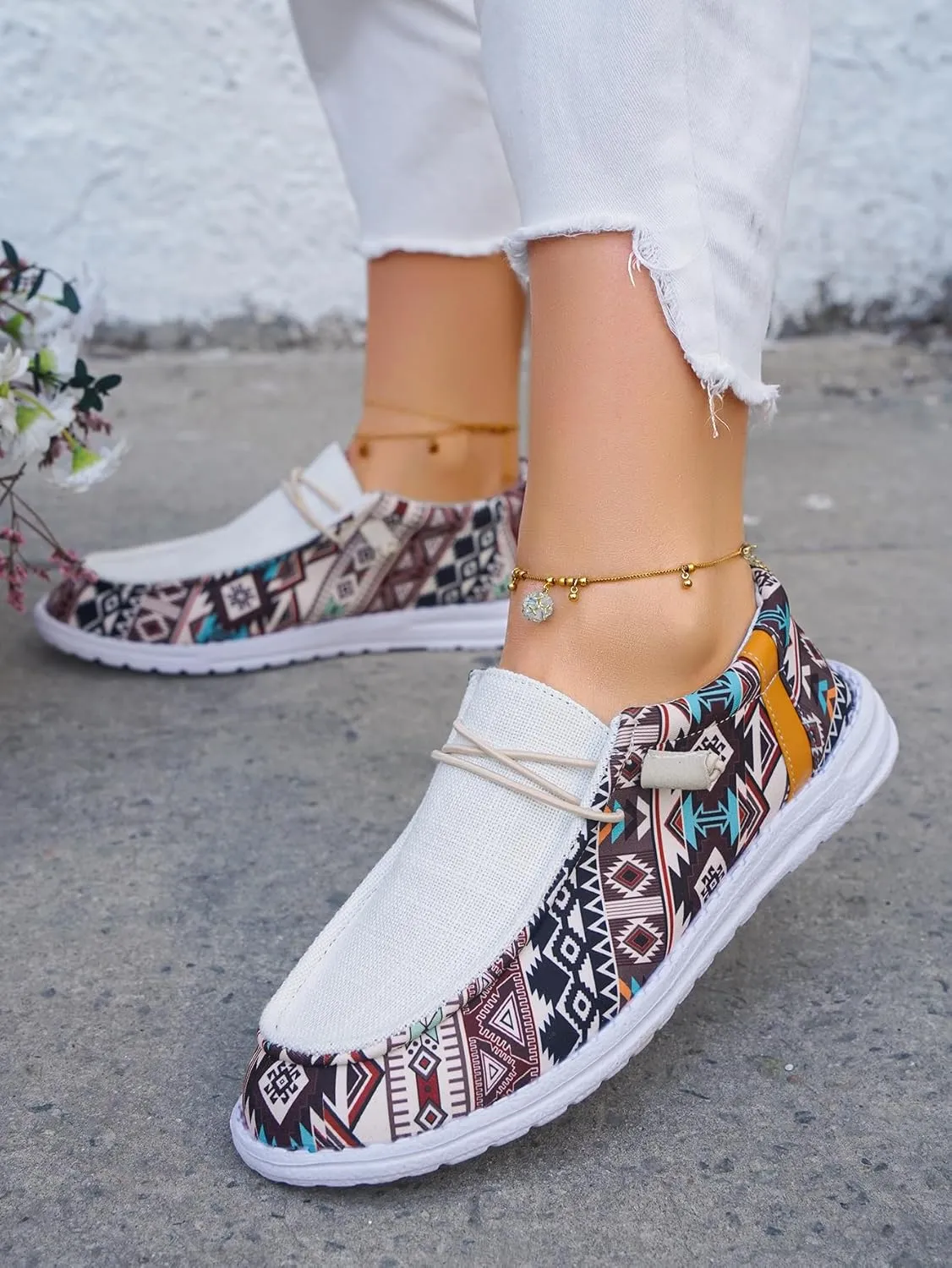Women's Comfortable Dudes Wendy Aztec Print Lace-up Loafers Orthopedic Ultralight Canvas Boat Casual Shoes with Arch Support